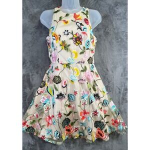 Gianni Bini Floral Embroidered Dress Sz 2 Colorful Fit Flare Mesh Mini Cottage